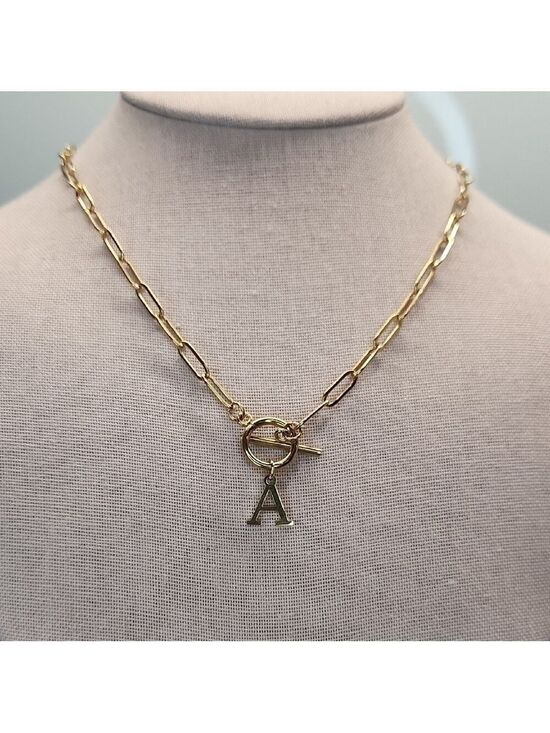 Jewelry - 18k Gold Plated Stainless Paperclip Necklace with Toggle and A Initial Pendant